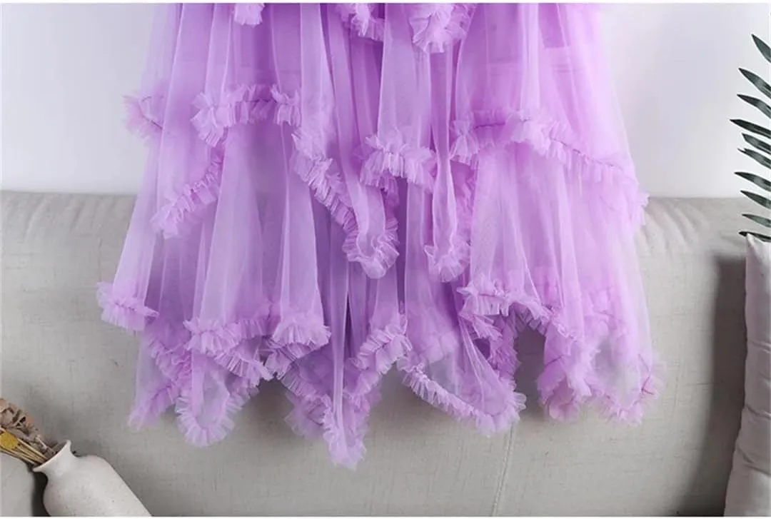 Tulle Long Skirt for Women Summer Irregular Mesh High Waist Maxi Skirt Pleated A-Line Swing Midi Skirt
