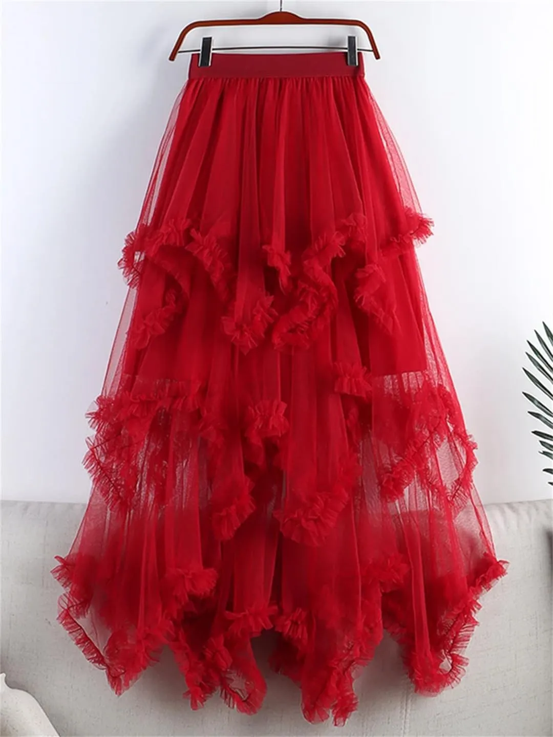 Tulle Long Skirt for Women Summer Irregular Mesh High Waist Maxi Skirt Pleated A-Line Swing Midi Skirt