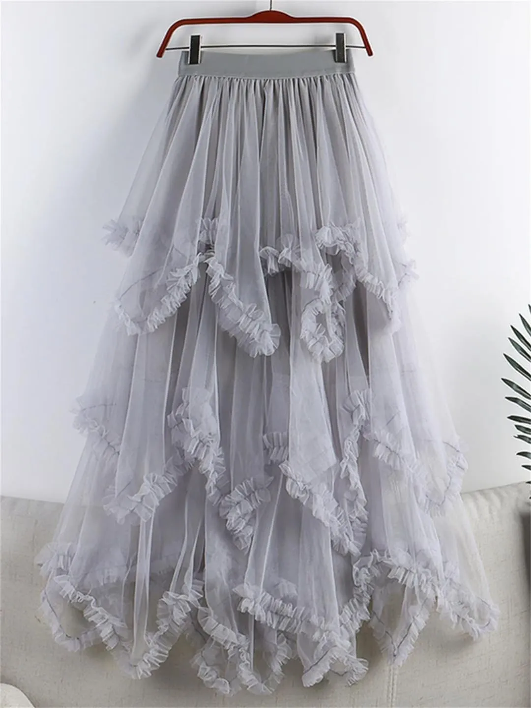 Tulle Long Skirt for Women Summer Irregular Mesh High Waist Maxi Skirt Pleated A-Line Swing Midi Skirt