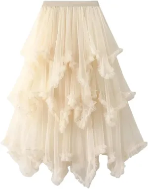 Tulle Long Skirt for Women Summer Irregular Mesh High Waist Maxi Skirt Pleated A-Line Swing Midi Skirt