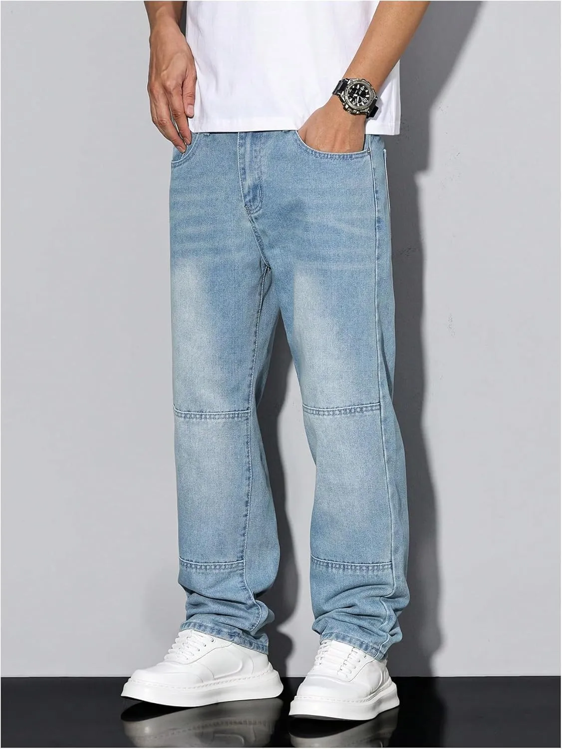 Verdusa Men's Faded Straight Leg Casual Denim Pants Vintage Jeans with Pockets