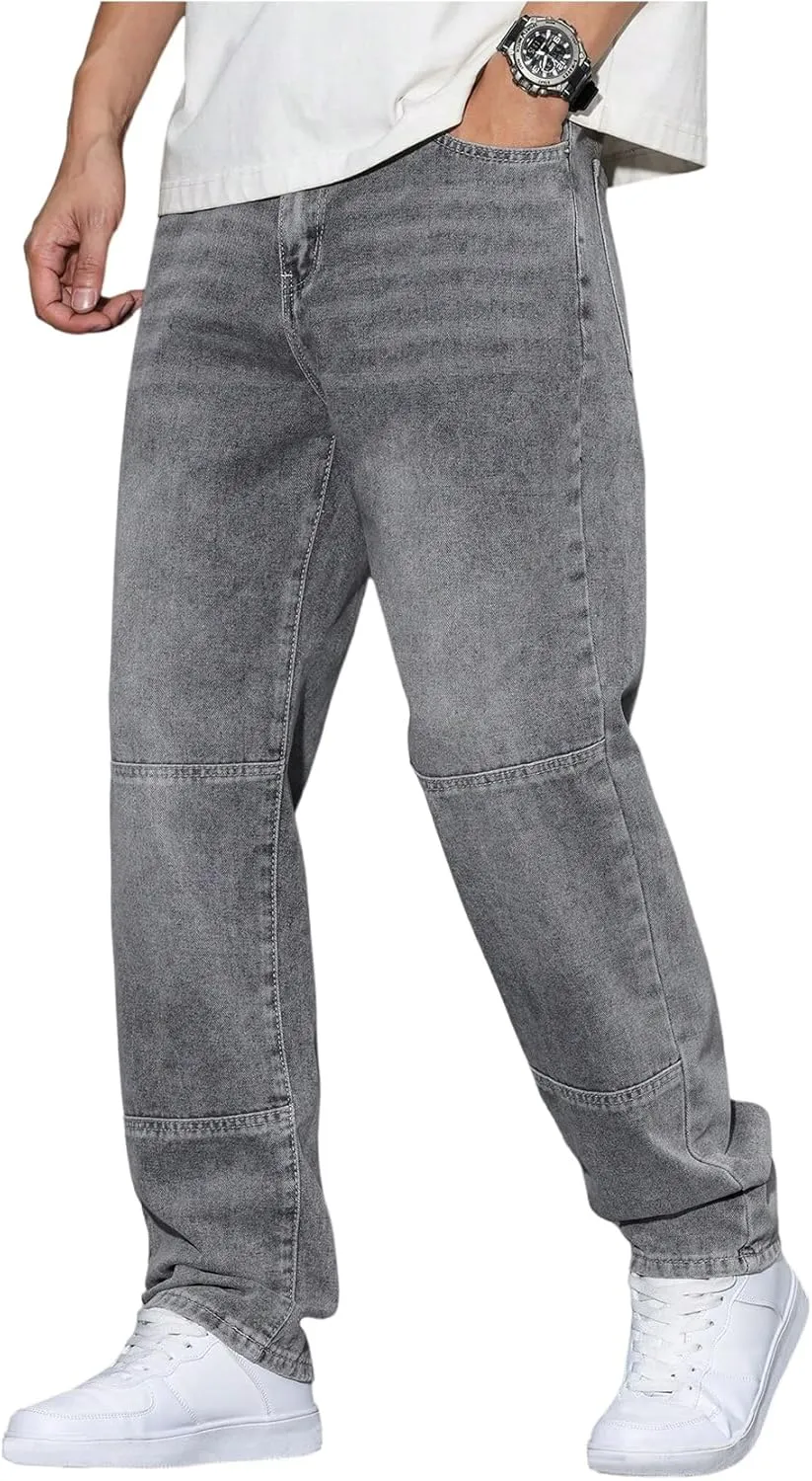 Verdusa Men's Faded Straight Leg Casual Denim Pants Vintage Jeans with Pockets