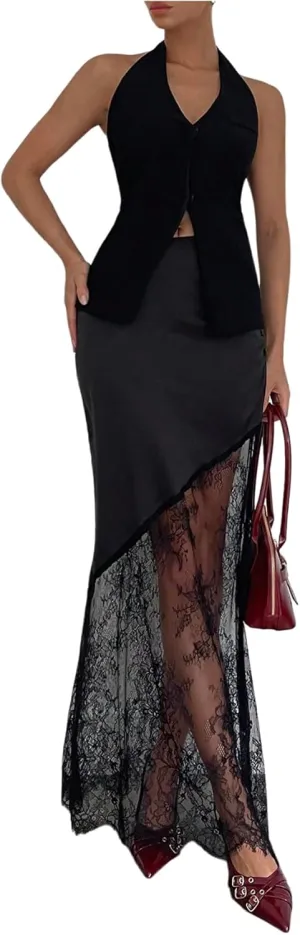 Verdusa Women's Satin Lace Maxi Skirt Ruched High Waist Long Skirt