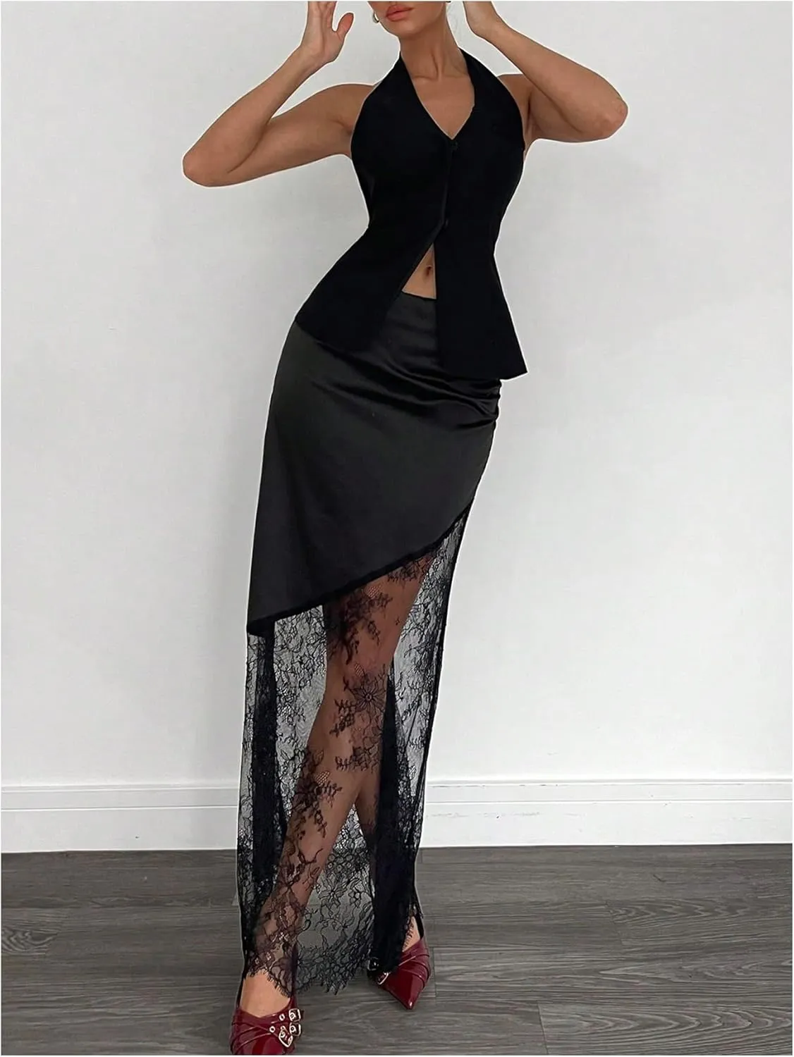 Verdusa Women's Satin Lace Maxi Skirt Ruched High Waist Long Skirt