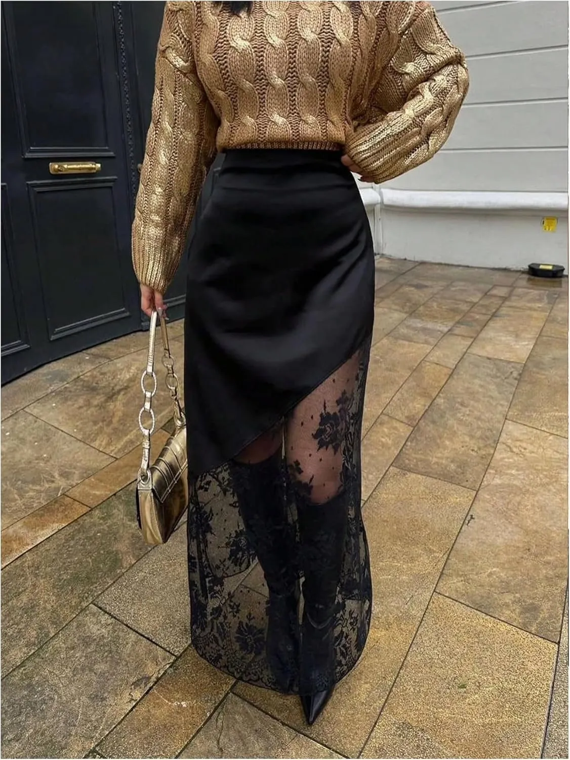 Verdusa Women's Satin Lace Maxi Skirt Ruched High Waist Long Skirt
