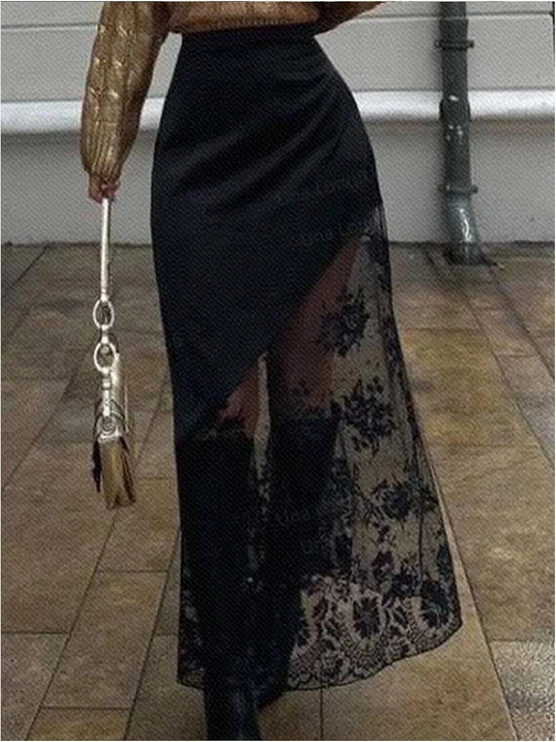 Verdusa Women's Satin Lace Maxi Skirt Ruched High Waist Long Skirt