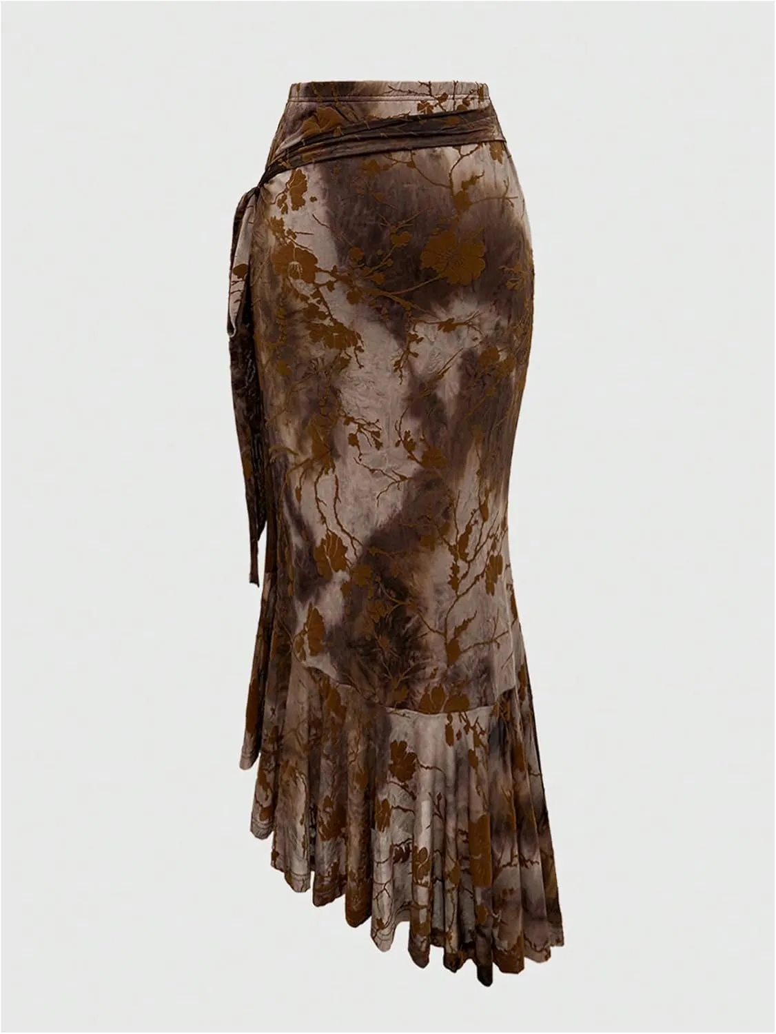 Verdusa Women's Vintage Floral Fishtail Bodycon Renaissance Skirt Side Tie Ruffle Asymmetrical Long Skirt