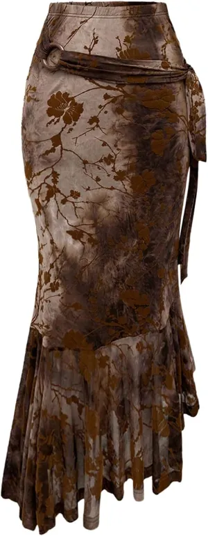Verdusa Women's Vintage Floral Fishtail Bodycon Renaissance Skirt Side Tie Ruffle Asymmetrical Long Skirt