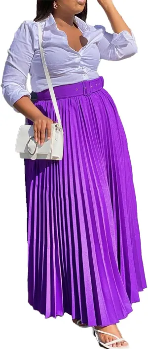 VIVICOLOR Women's Accordion Pleated Skirt Women High Elastic Waist Pleated Party Skirt Belted Organ A-line Maxi Skirt