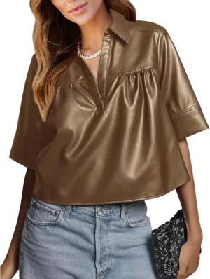 Vivitulip Womens Short Sleeve Faux Leather T-Shirt Loose Fit V Neck PU Leather Summer Crop Going Out Tops
