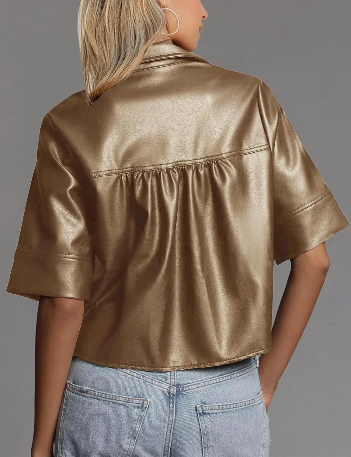 Vivitulip Womens Short Sleeve Faux Leather T-Shirt Loose Fit V Neck PU Leather Summer Crop Going Out Tops