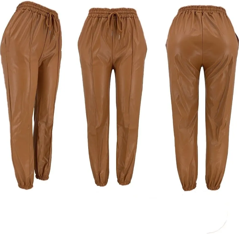 Voghtic Leather Pants for Women High Waist PU Faux Drawstring Leggings Joggers with Pockets