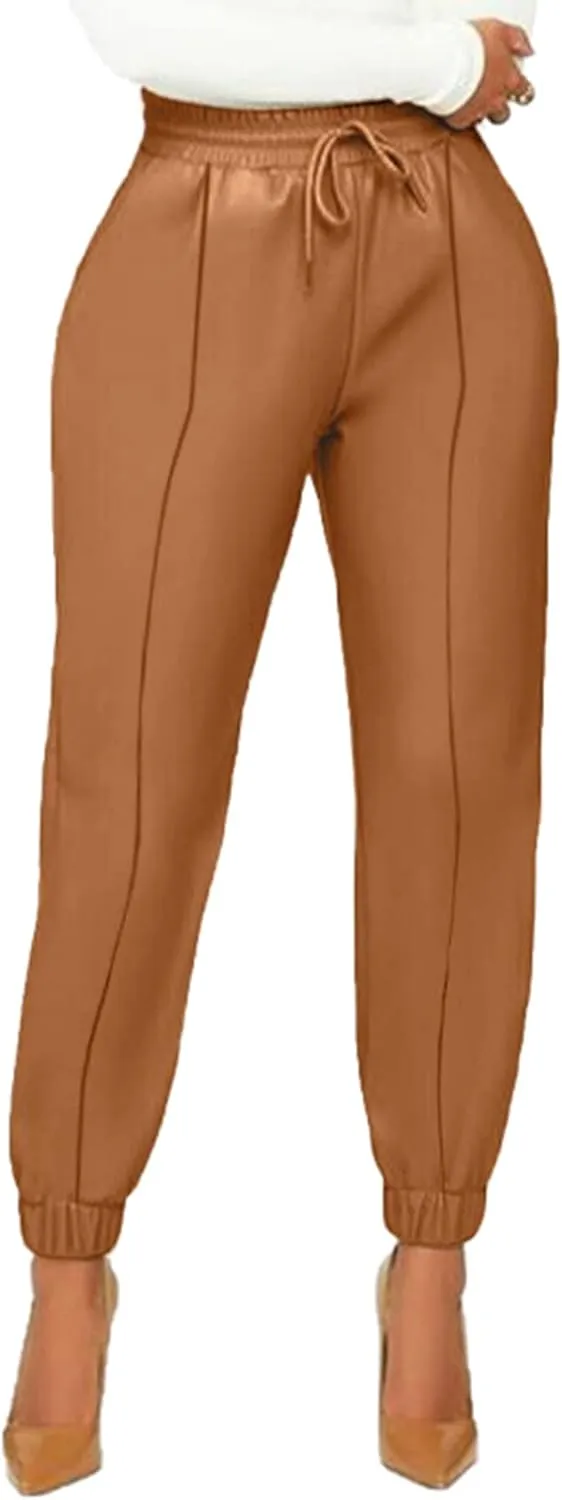 Voghtic Leather Pants for Women High Waist PU Faux Drawstring Leggings Joggers with Pockets