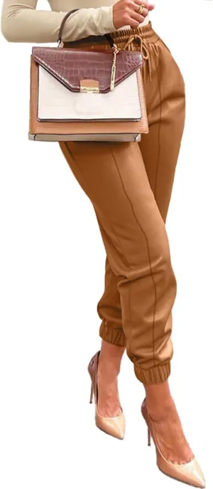 Voghtic Leather Pants for Women High Waist PU Faux Drawstring Leggings Joggers with Pockets