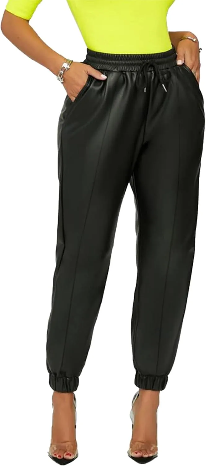 Voghtic Leather Pants for Women High Waist PU Faux Drawstring Leggings Joggers with Pockets