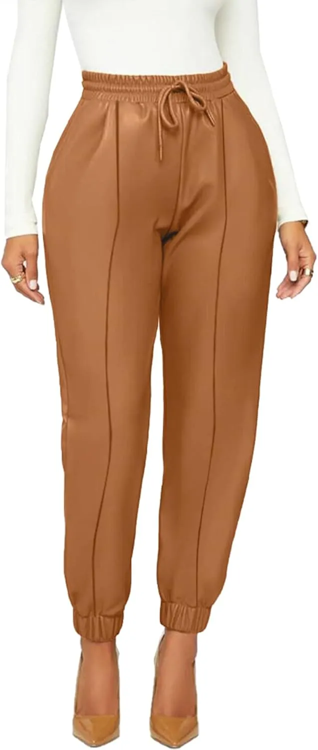 Voghtic Leather Pants for Women High Waist PU Faux Drawstring Leggings Joggers with Pockets