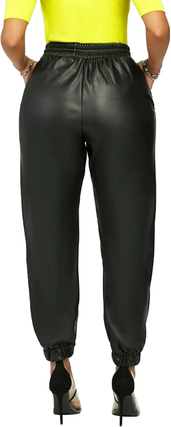 Voghtic Leather Pants for Women High Waist PU Faux Drawstring Leggings Joggers with Pockets
