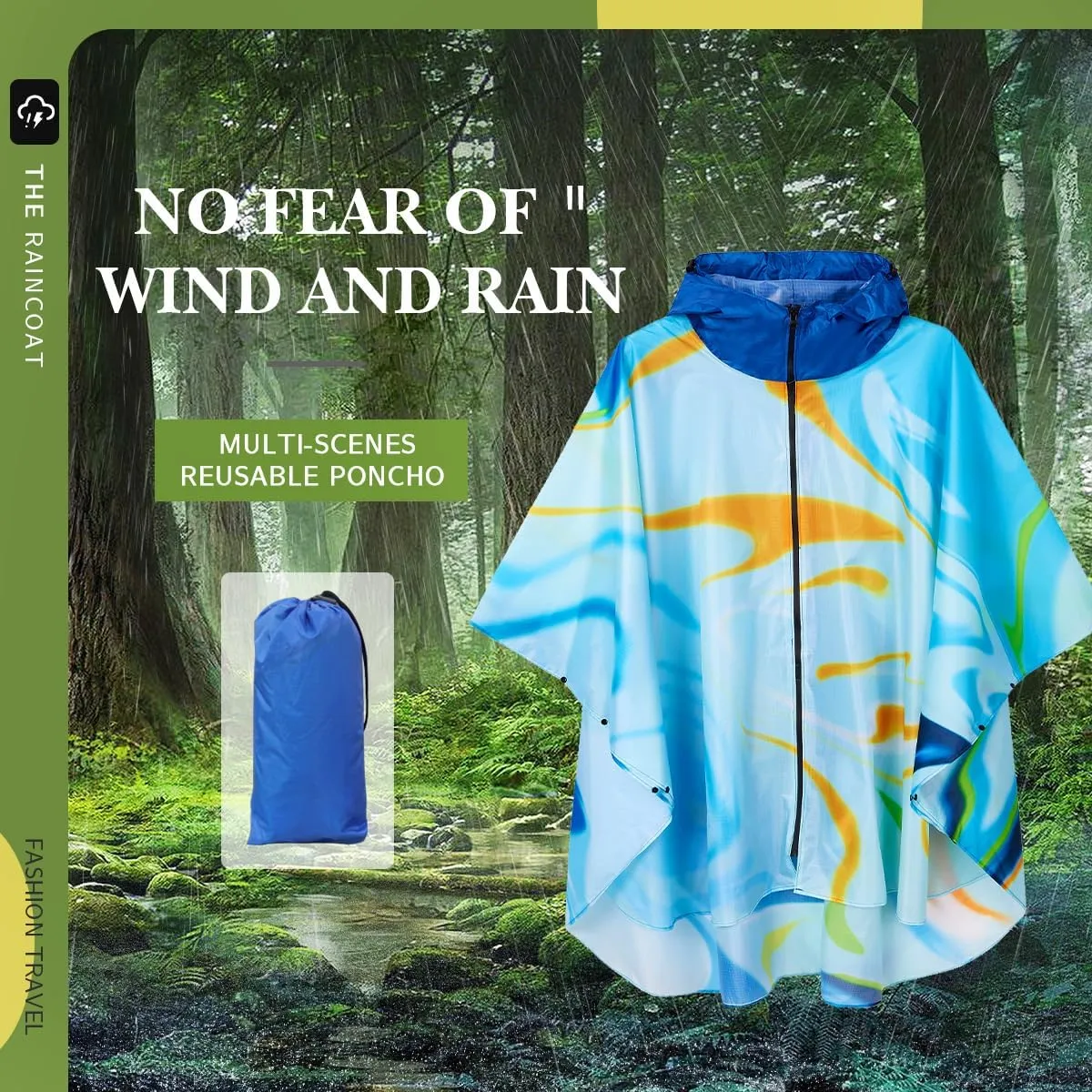 Waterproof Hooded Lightweight Rain Poncho for Adults Women Men with Pockets Unisex Fashion Zipper Jacket Coat