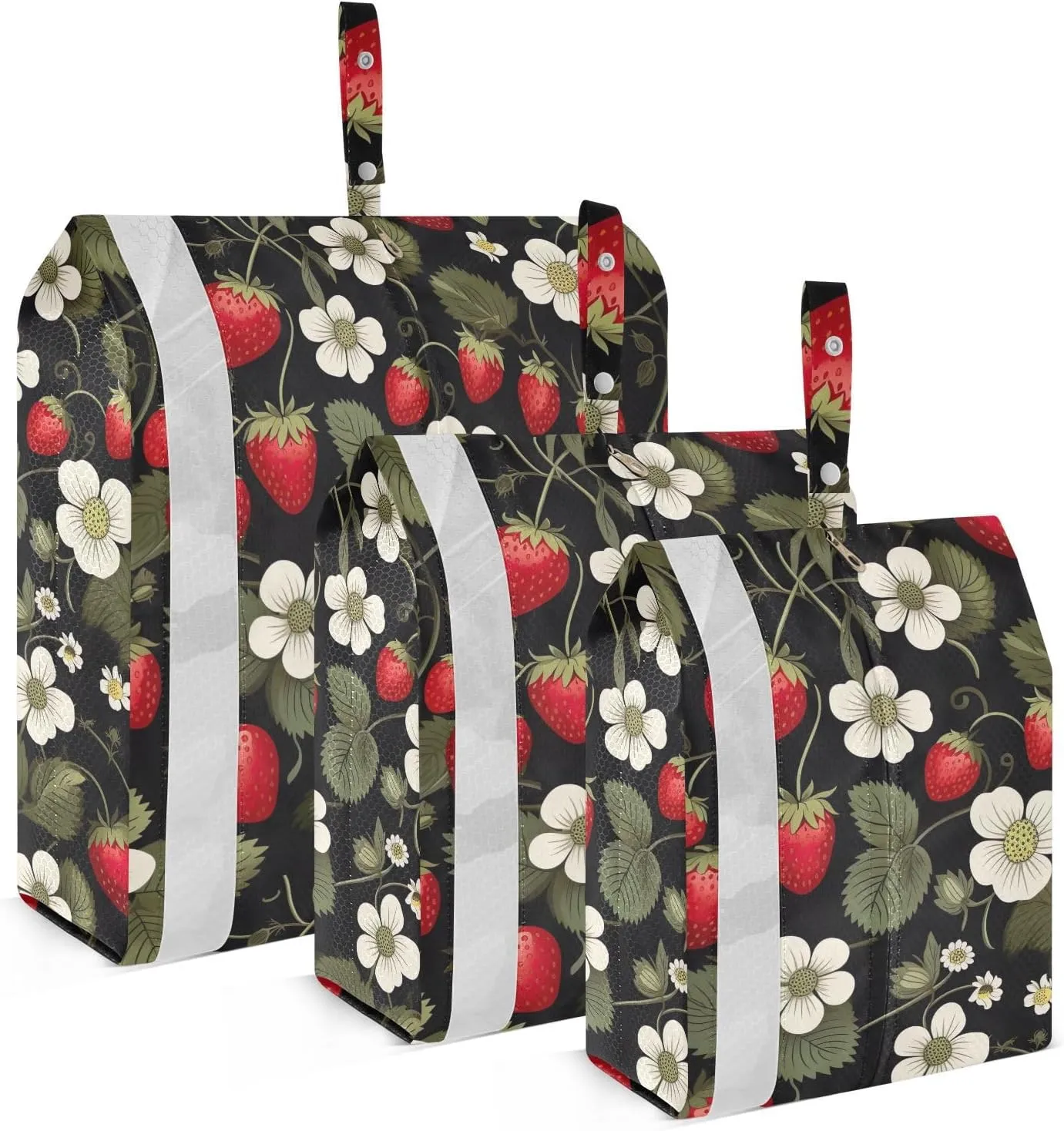White Flowers Strawberries Packing Cubes for Travel 3 Set Compression Cubes Luggage Packing Organizers for Packing