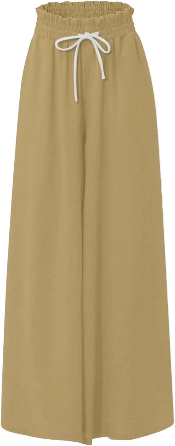 Wide Leg Pants Woman High Waisted Floral Boho Beach Casual Pants Cute Summer Flowy Palazzo Culottes with Pockets