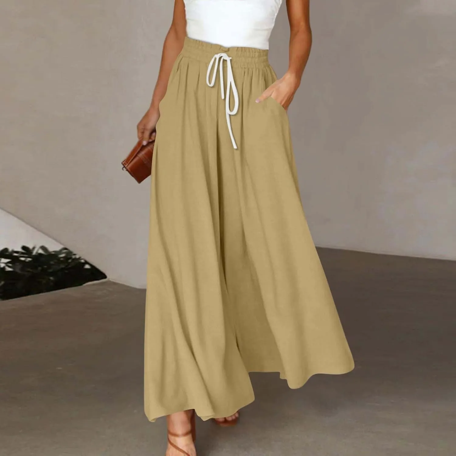 Wide Leg Pants Woman High Waisted Floral Boho Beach Casual Pants Cute Summer Flowy Palazzo Culottes with Pockets