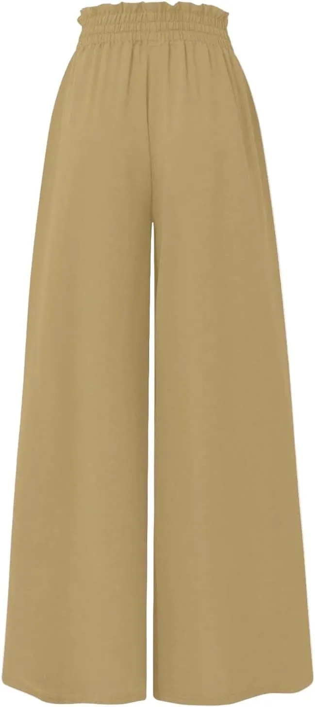 Wide Leg Pants Woman High Waisted Floral Boho Beach Casual Pants Cute Summer Flowy Palazzo Culottes with Pockets