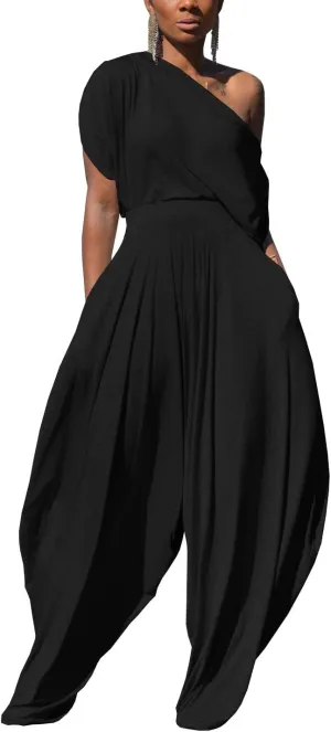 WOKANSE Womens 2 Piece Outfits Solid Short Sleeve Off One Shoulder Pullover Top and Loose Harem Pants Set Tracksuits