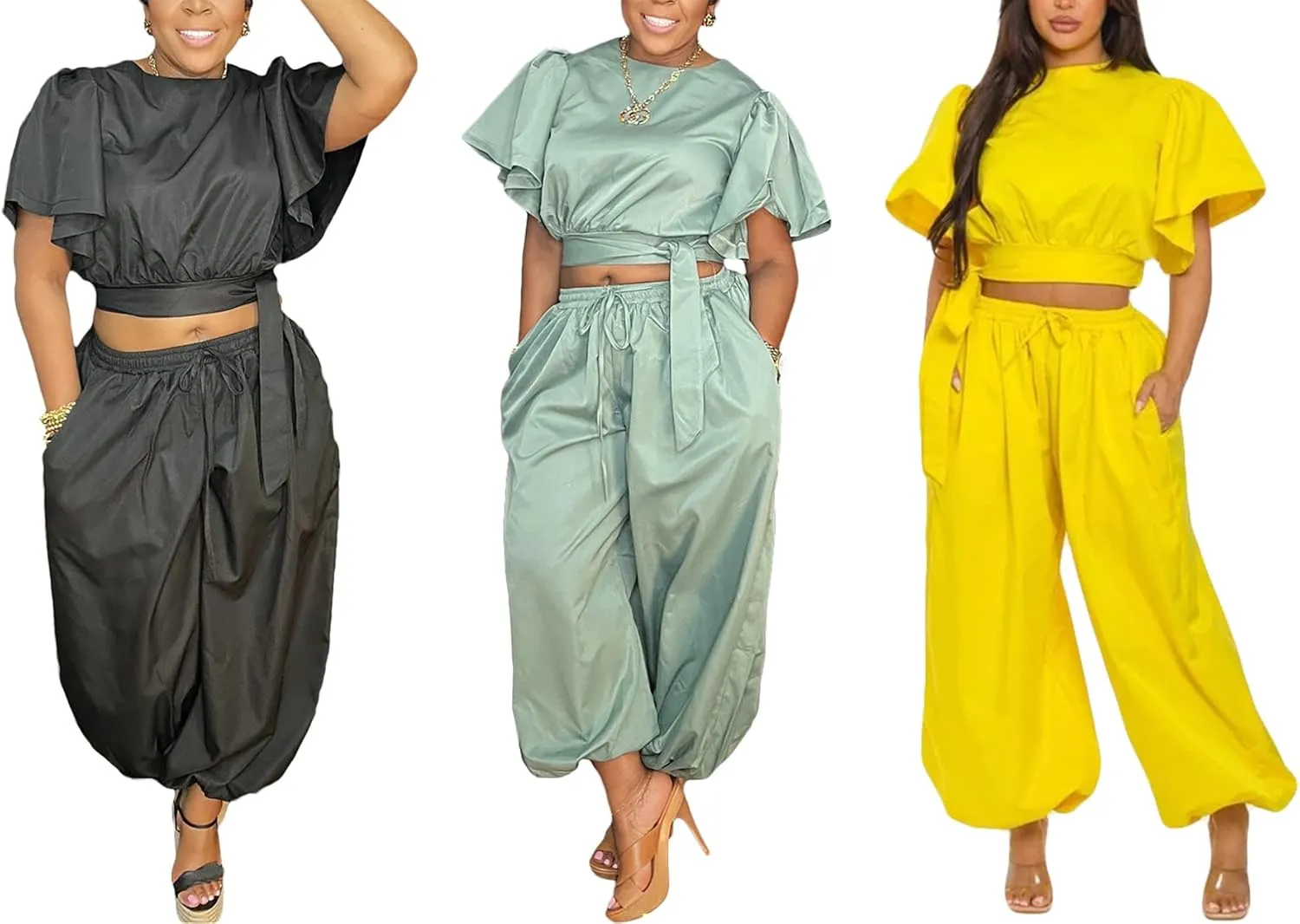 Women 2 Piece Outfits Flared Sleeve Tie up Crop Top Drawstring Elastic High Waisted Wide Leg Pants Lounge Sets