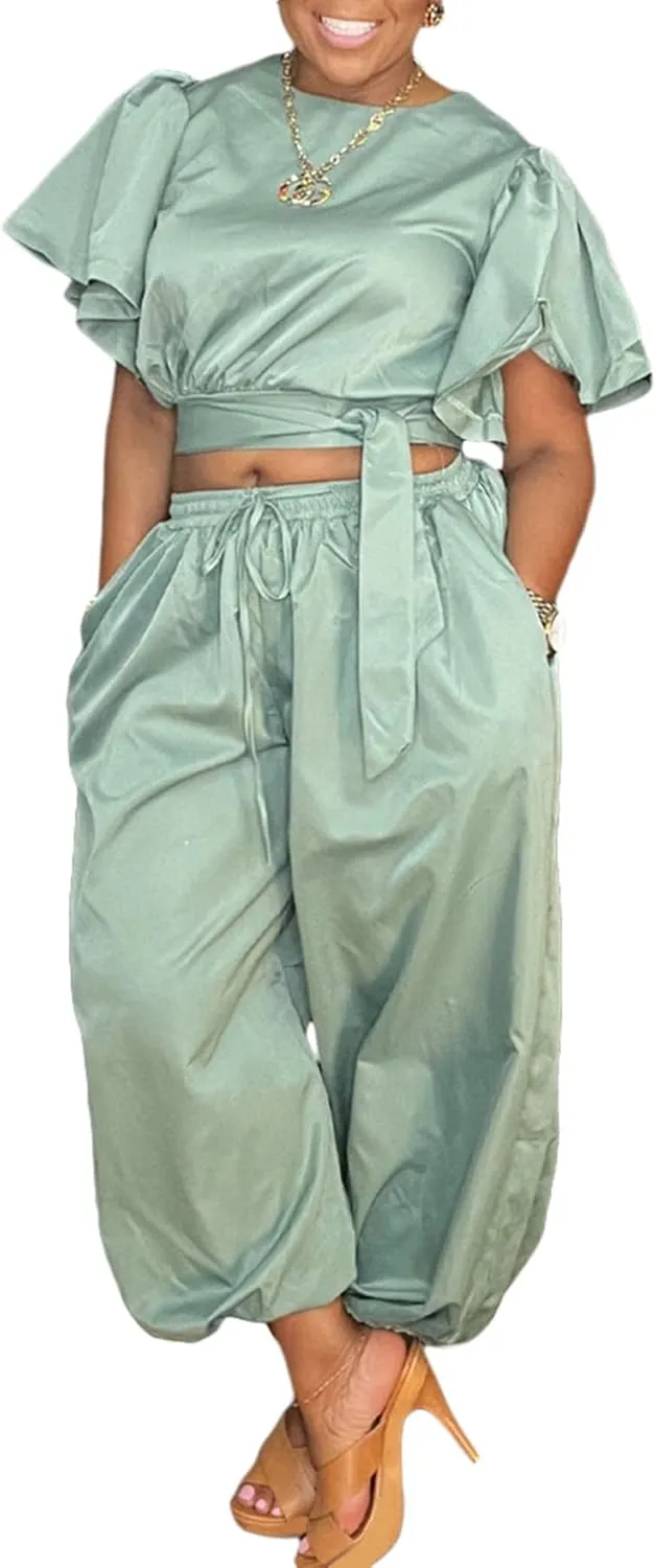 Women 2 Piece Outfits Flared Sleeve Tie up Crop Top Drawstring Elastic High Waisted Wide Leg Pants Lounge Sets
