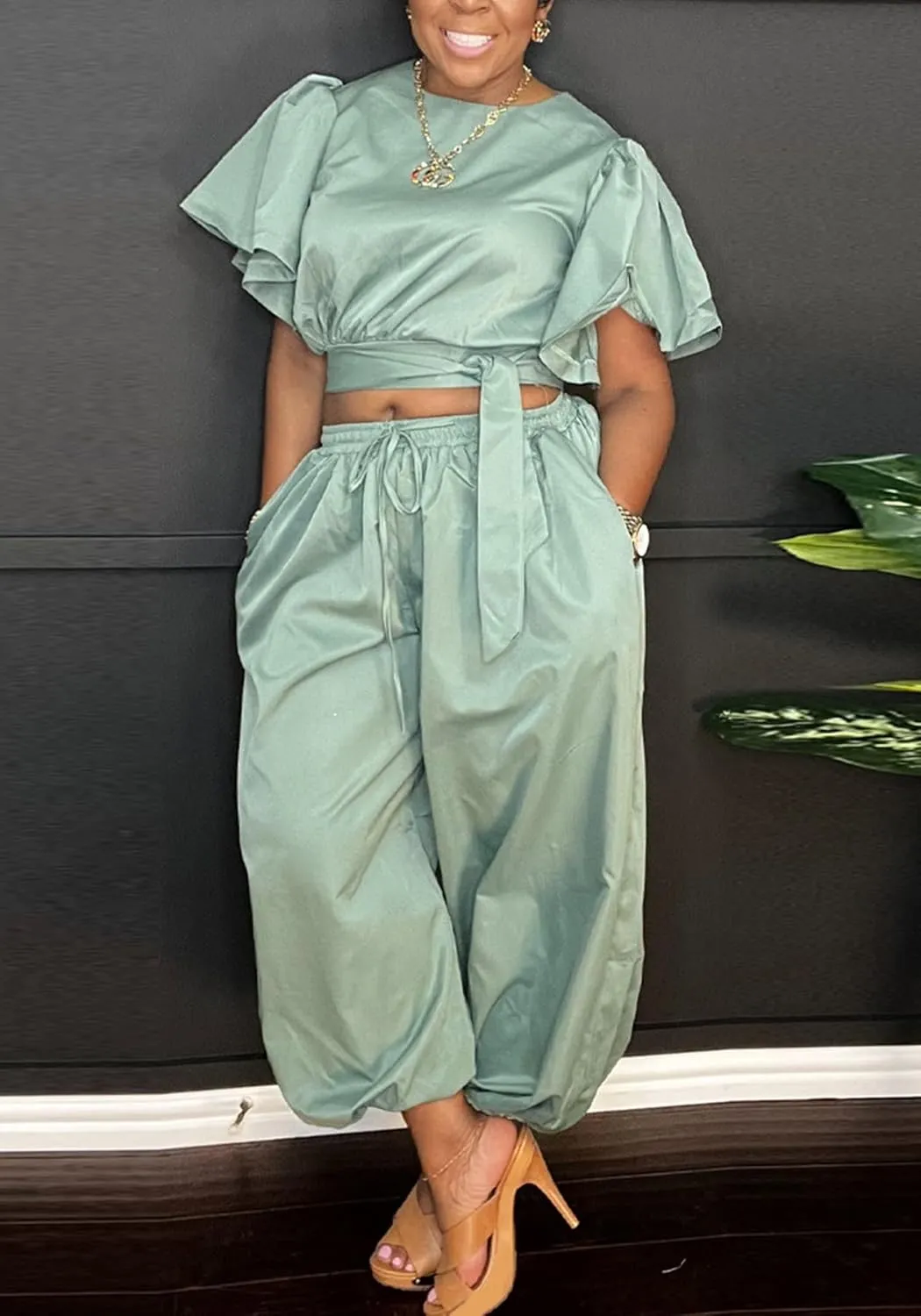 Women 2 Piece Outfits Flared Sleeve Tie up Crop Top Drawstring Elastic High Waisted Wide Leg Pants Lounge Sets