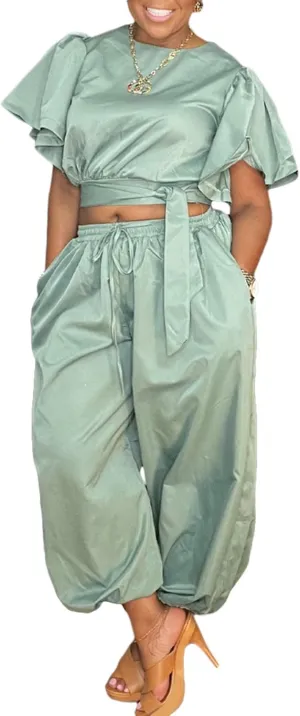 Women 2 Piece Outfits Flared Sleeve Tie up Crop Top Drawstring Elastic High Waisted Wide Leg Pants Lounge Sets