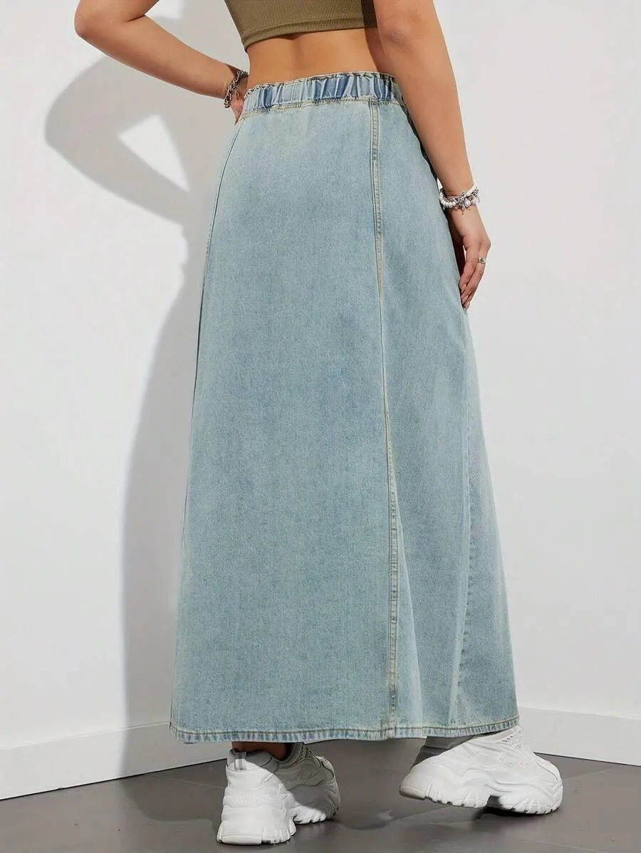 Women Casual Elastic Waist Jeans Long Skirts High Rise A Line Flare Denim Maxi Skirt