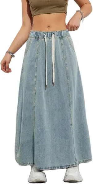Women Casual Elastic Waist Jeans Long Skirts High Rise A Line Flare Denim Maxi Skirt