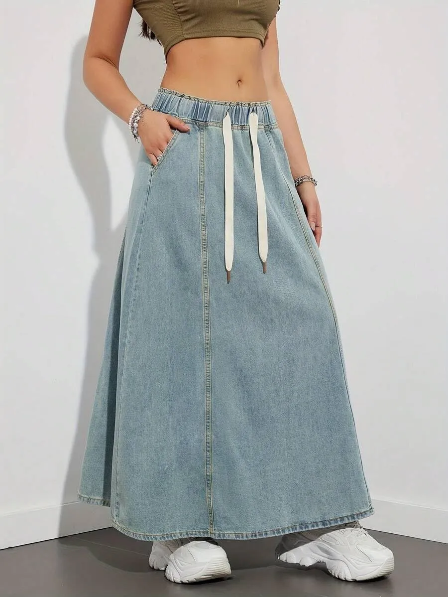 Women Casual Elastic Waist Jeans Long Skirts High Rise A Line Flare Denim Maxi Skirt