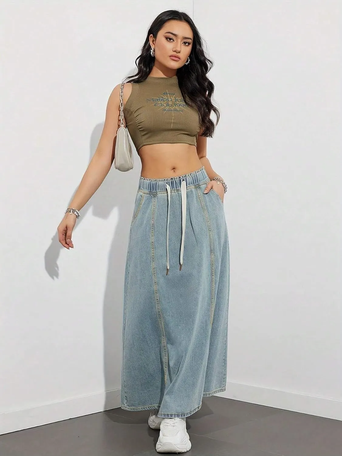 Women Casual Elastic Waist Jeans Long Skirts High Rise A Line Flare Denim Maxi Skirt