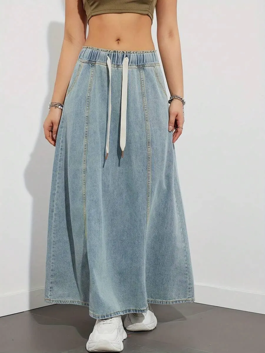 Women Casual Elastic Waist Jeans Long Skirts High Rise A Line Flare Denim Maxi Skirt