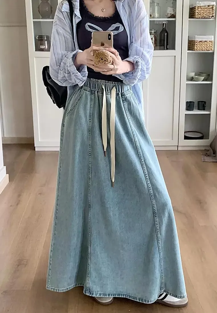 Women Casual Elastic Waist Jeans Long Skirts High Rise A Line Flare Denim Maxi Skirt