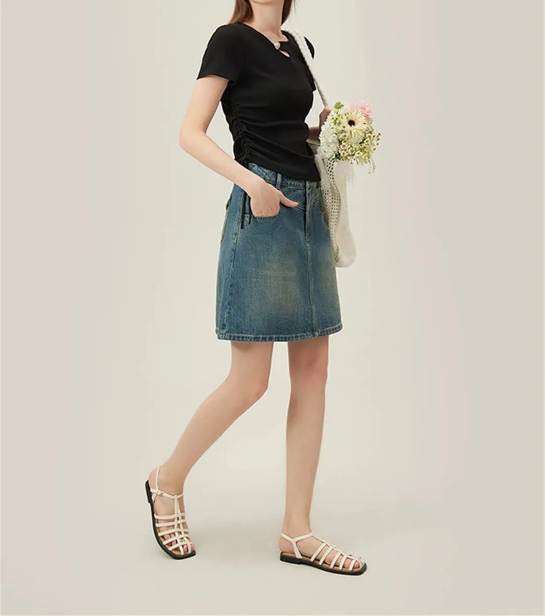 Women Denim Skirt Women's Summer A-Line High Waisted Short Blue Casual Skirt