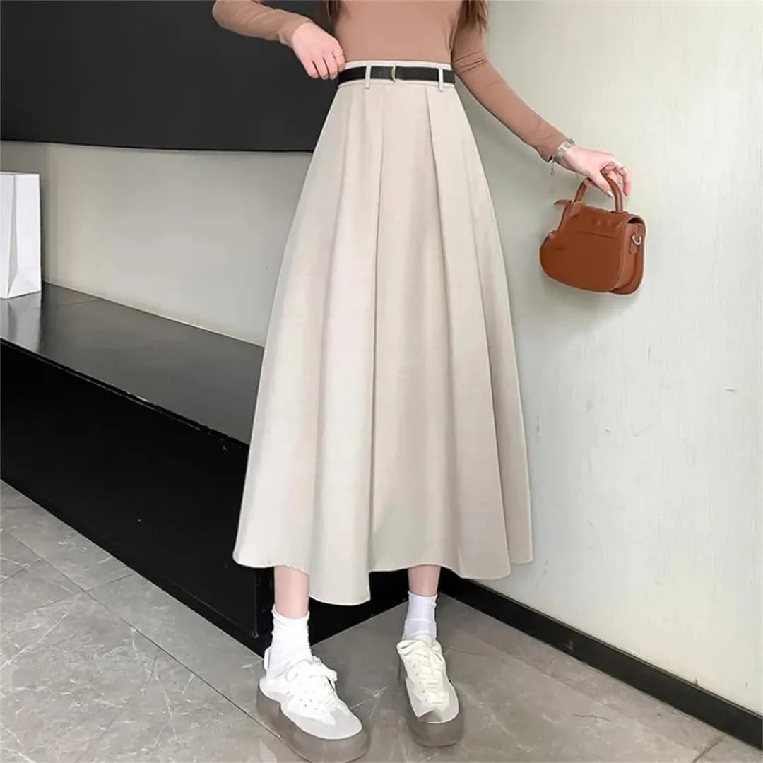 Women Full Skirt Spring Summer High Waist Midi Skirt Slim Solid Pleated A-Line Skirt