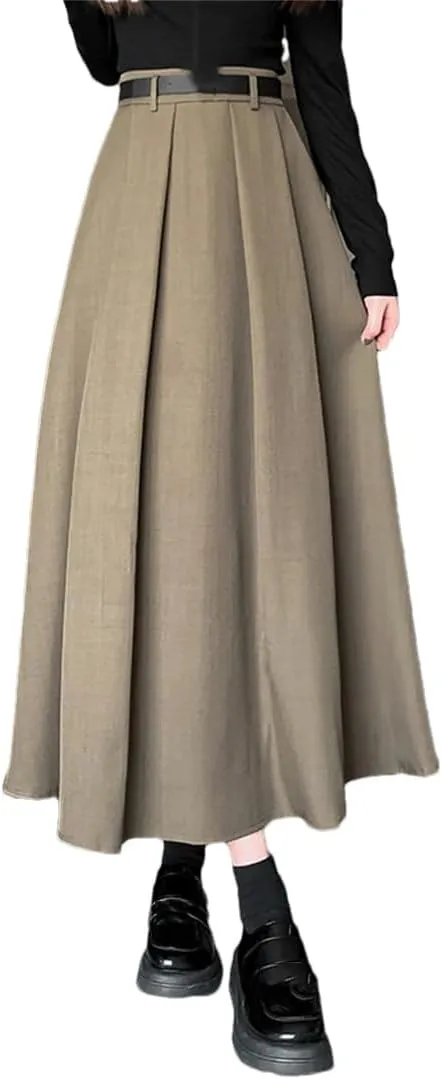 Women Full Skirt Spring Summer High Waist Midi Skirt Slim Solid Pleated A-Line Skirt