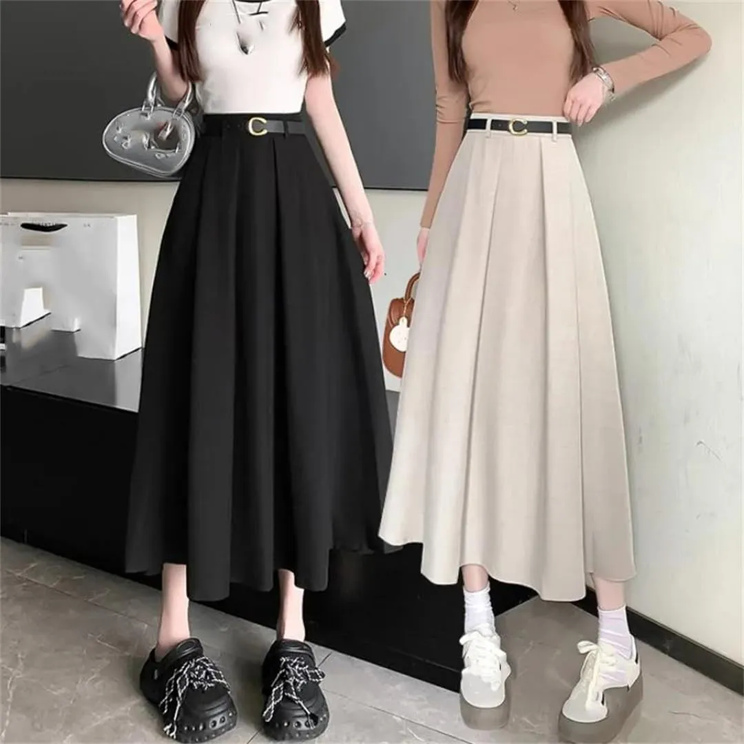 Women Full Skirt Spring Summer High Waist Midi Skirt Slim Solid Pleated A-Line Skirt