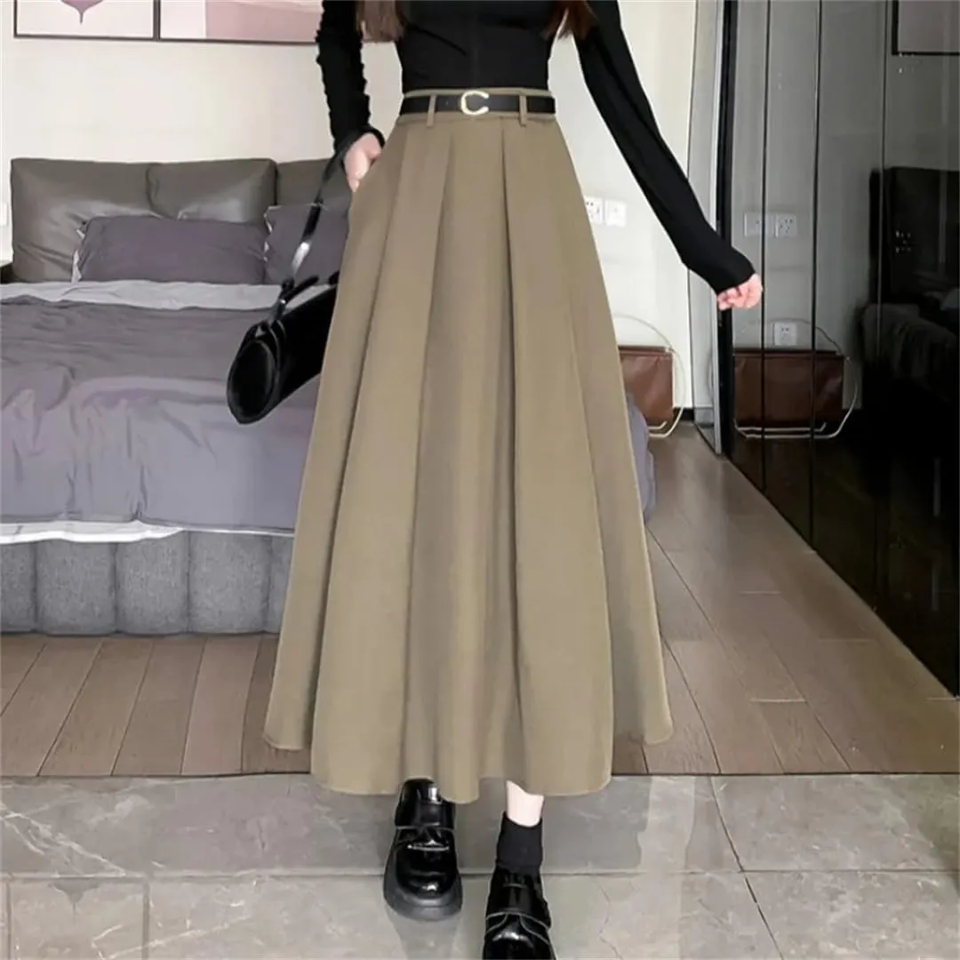 Women Full Skirt Spring Summer High Waist Midi Skirt Slim Solid Pleated A-Line Skirt