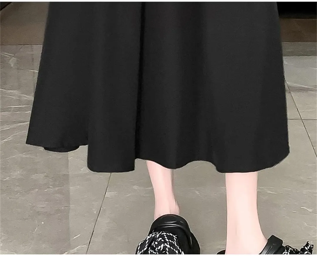 Women Full Skirt Spring Summer High Waist Midi Skirt Slim Solid Pleated A-Line Skirt