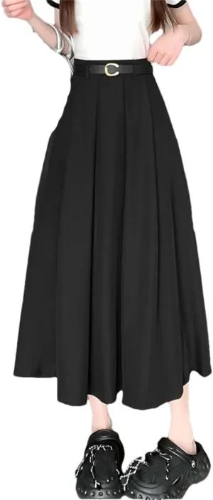 Women Full Skirt Spring Summer High Waist Midi Skirt Slim Solid Pleated A-Line Skirt