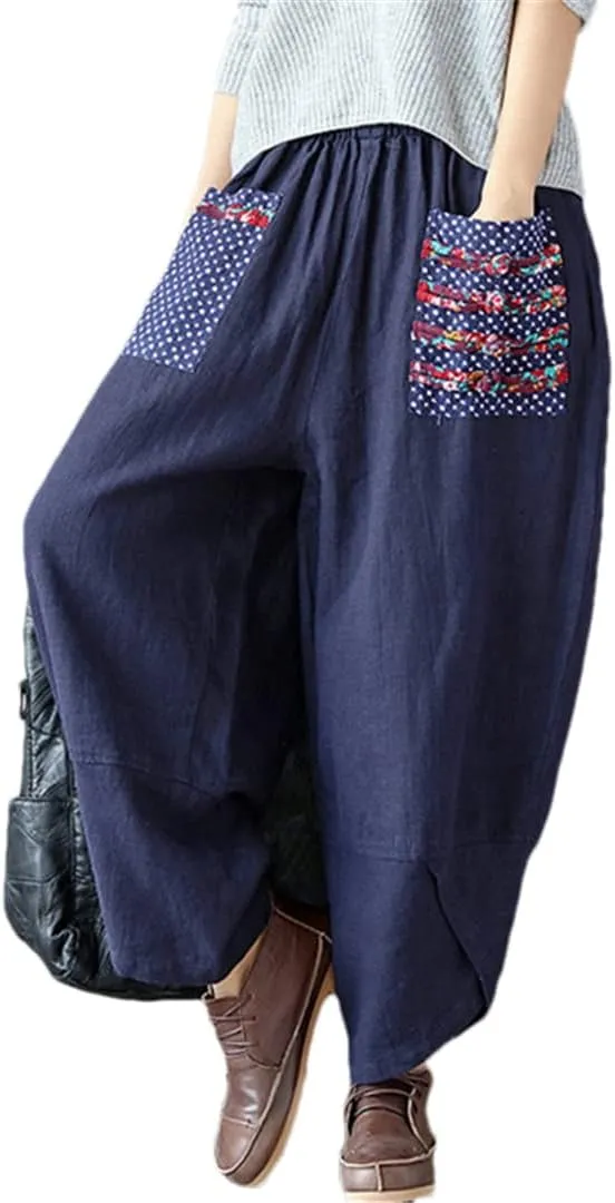 Women Harem Pants Boho Vintage Cotton Linen Wide Leg Pants Hippie Trousers