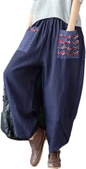 Women Harem Pants Boho Vintage Cotton Linen Wide Leg Pants Hippie Trousers