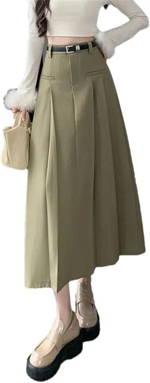 Women Solid Pleated Long Skirts with Belted Korean High Waist A-Line Skirts