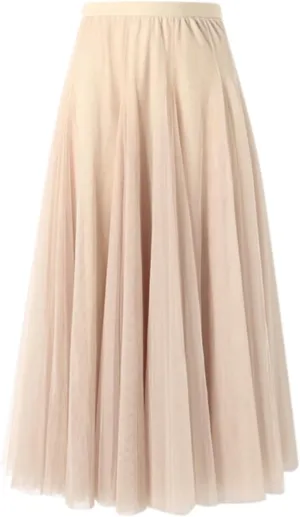Women Vintage High Waist Pleated Skirt Midi A-Line Skirt Trendy Solid Color Below Knee Flowy Skirts Mesh Ballet Skirt