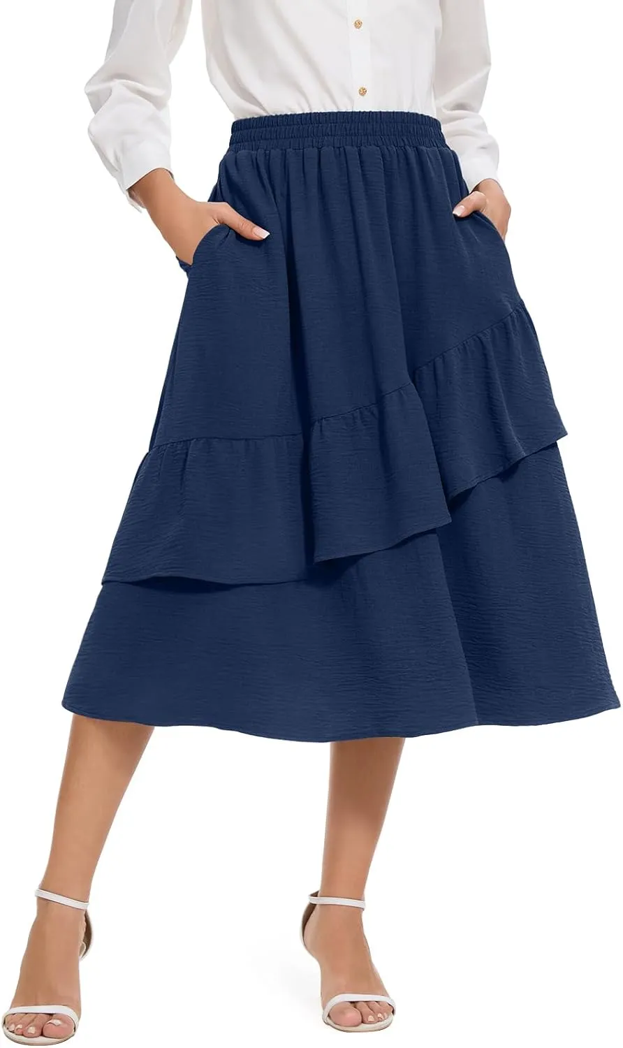 Women's Boho Tiered Midi Skirt Vintage Summer Elastic High Waist Skirt Ruffle A-Line Flowy Skirts with Pockets