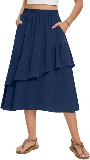 Women's Boho Tiered Midi Skirt Vintage Summer Elastic High Waist Skirt Ruffle A-Line Flowy Skirts with Pockets